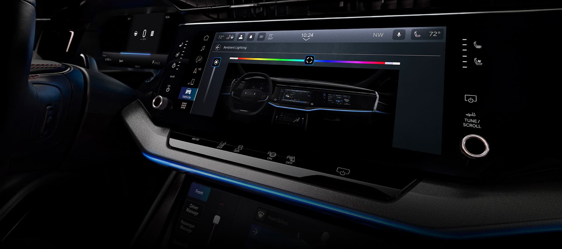 The front seat area of the 2024 Jeep Wagoneer with a glowing seam of blue and white light running across the length of the dash and the driver-side door.
