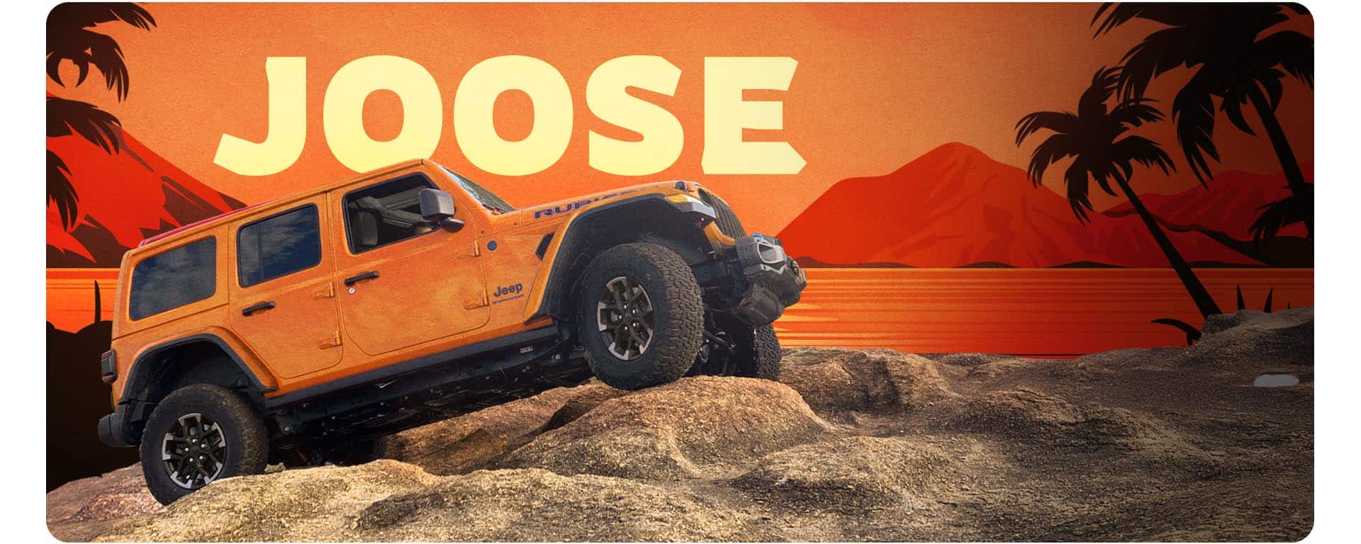An orange 2025 Jeep Wrangler Rubicon X 4xe on an illustrated background. Joose.