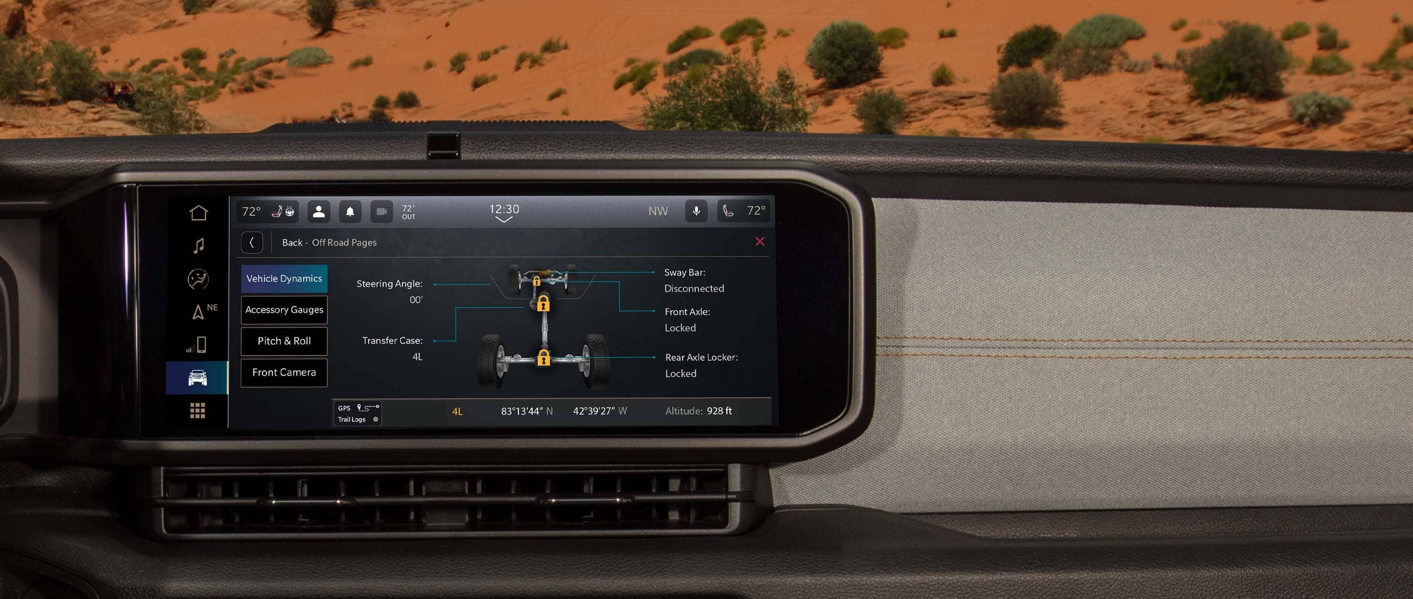 The Uconnect touchscreen in a 2024 Jeep Wrangler displaying the Vehicle Dynamics, one of the Off-Road Pages selections.